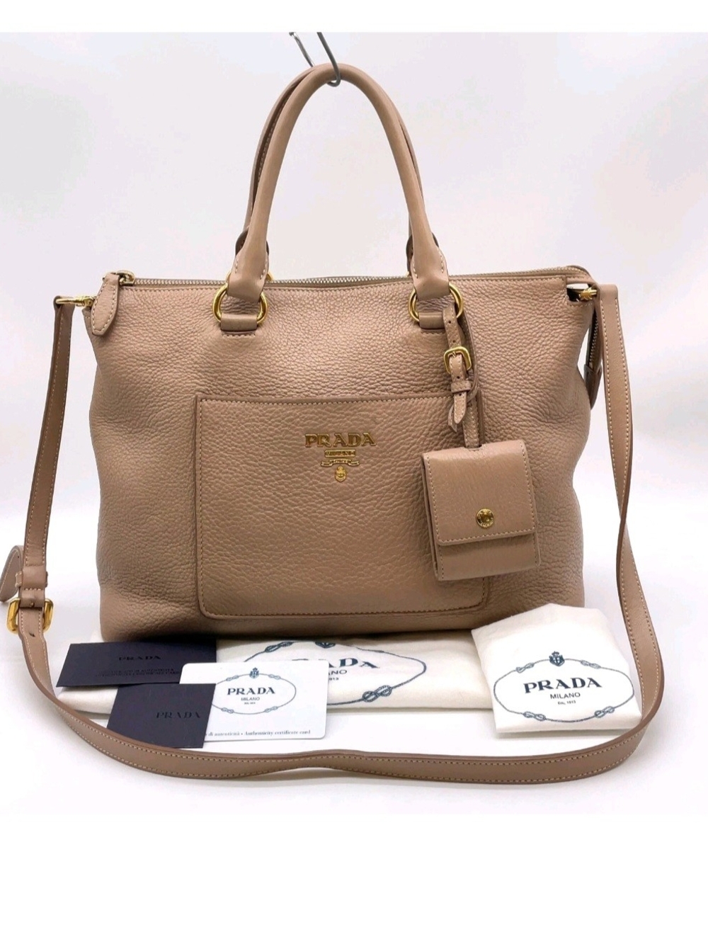 Auth PRADA Vitello Daino Beige 2-Way Tote Bag w/ Coin Purse & Strap